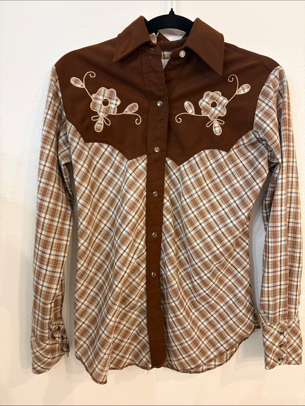 Vintage 1970s Miss Rodeo America Plaid Cowgirl Western Shirt Floral Embroidery